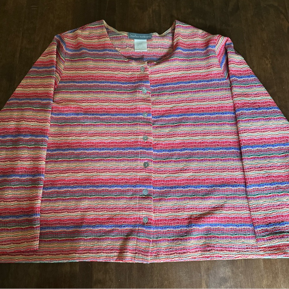 Jessica Holbrook Blouse 1X Neon Stripe Summer Artsy Textured Button Up Stretch